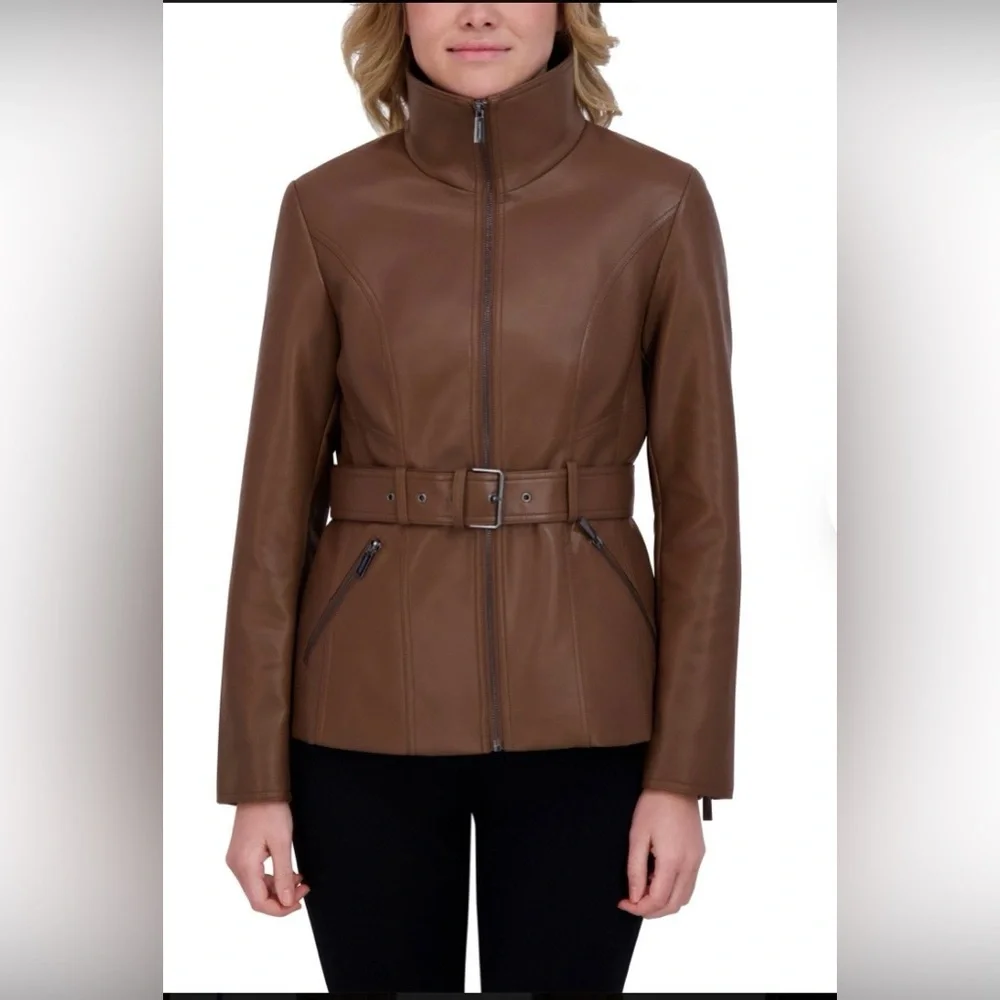 NWT Kenneth Cole Woman’s Brown Faux Leather Jacket with Belt Size XXL